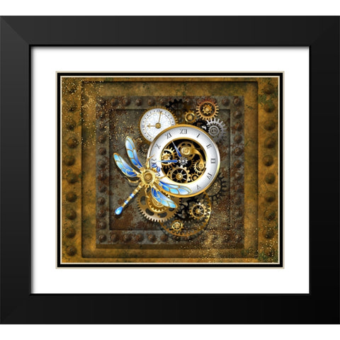 Steampunk Dragonfly Clock Black Modern Wood Framed Art Print with Double Matting by Mitchell, Tina