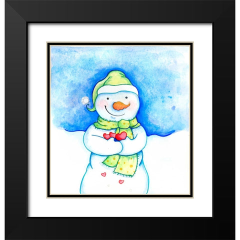 Snowman Holding Hearts Black Modern Wood Framed Art Print with Double Matting by Wade, Valarie