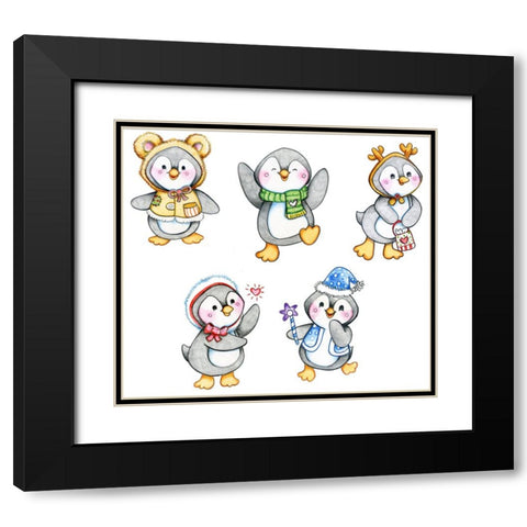 Peguin Friends Black Modern Wood Framed Art Print with Double Matting by Wade, Valarie