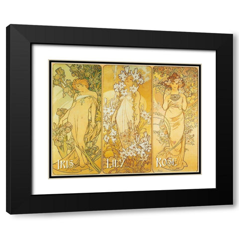 Mucha Iris Lily Rose Black Modern Wood Framed Art Print with Double Matting by Vintage Apple Collection