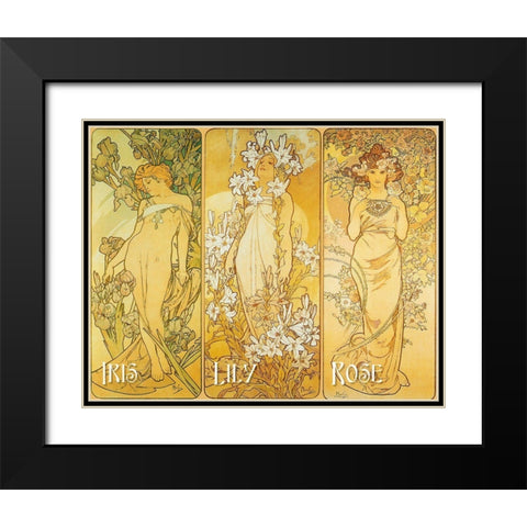 Mucha Iris Lily Rose Black Modern Wood Framed Art Print with Double Matting by Vintage Apple Collection