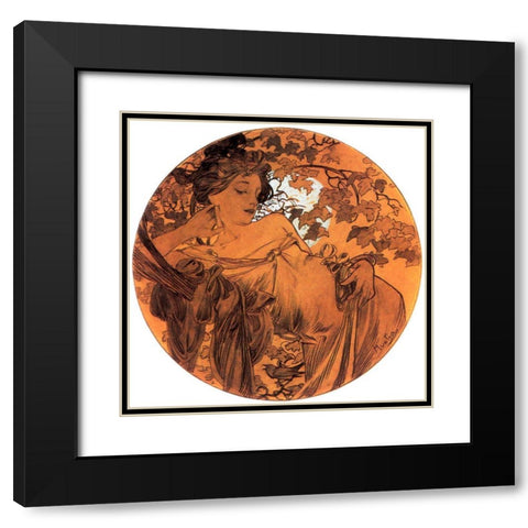 Mucha Autumn Medallion Black Modern Wood Framed Art Print with Double Matting by Vintage Apple Collection