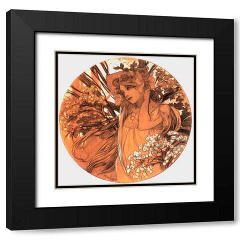 Mucha Spring Medallion Black Modern Wood Framed Art Print with Double Matting by Vintage Apple Collection