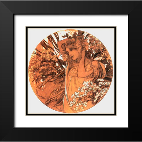 Mucha Spring Medallion Black Modern Wood Framed Art Print with Double Matting by Vintage Apple Collection