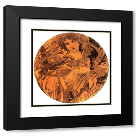 Mucha Summer Medallion Black Modern Wood Framed Art Print with Double Matting by Vintage Apple Collection