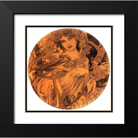 Mucha Summer Medallion Black Modern Wood Framed Art Print with Double Matting by Vintage Apple Collection
