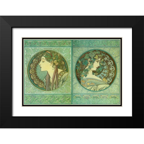 Mucha Green Medallions Black Modern Wood Framed Art Print with Double Matting by Vintage Apple Collection