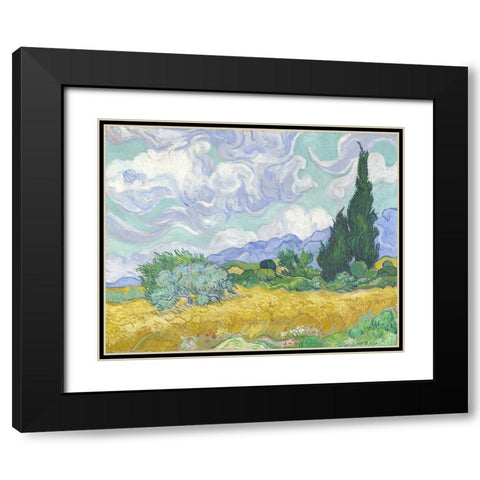 Van Gogh-Wheatfield with Cypress Black Modern Wood Framed Art Print with Double Matting by Vintage Apple Collection