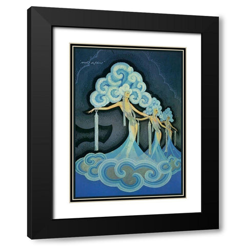 Folies Bergere Blue Black Modern Wood Framed Art Print with Double Matting by Vintage Apple Collection