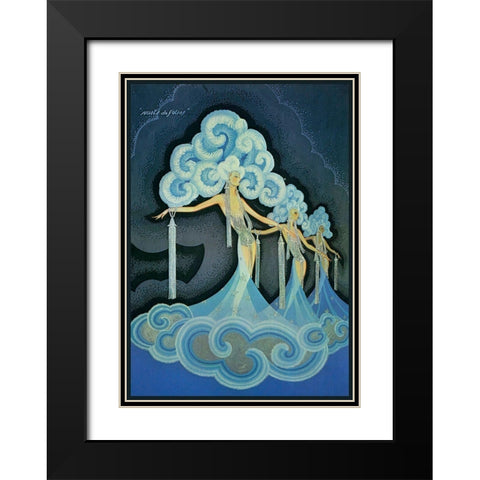 Folies Bergere Blue Black Modern Wood Framed Art Print with Double Matting by Vintage Apple Collection