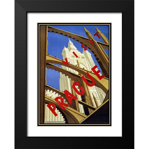 Trav Visit Prague Black Modern Wood Framed Art Print with Double Matting by Vintage Apple Collection