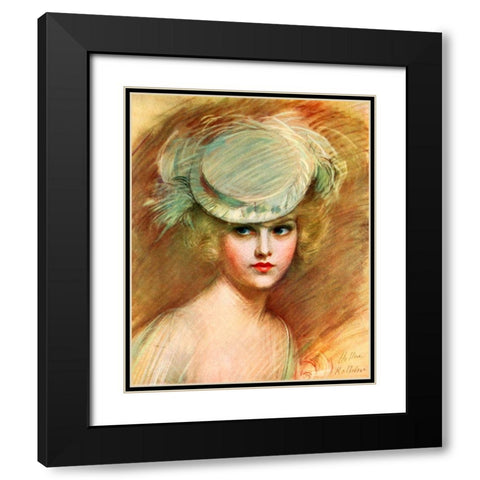 Lady In Green Hat Black Modern Wood Framed Art Print with Double Matting by Vintage Apple Collection