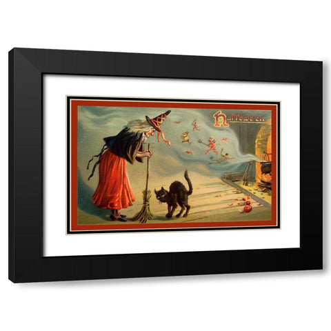 Halloween Witch And Cat.tif Black Modern Wood Framed Art Print with Double Matting by Vintage Apple Collection