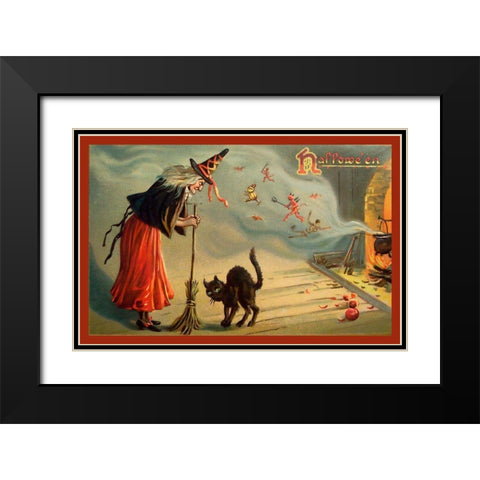 Halloween Witch And Cat.tif Black Modern Wood Framed Art Print with Double Matting by Vintage Apple Collection