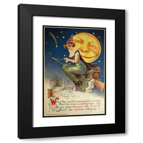 Halloween Witch Greendress Moon.tif Black Modern Wood Framed Art Print with Double Matting by Vintage Apple Collection