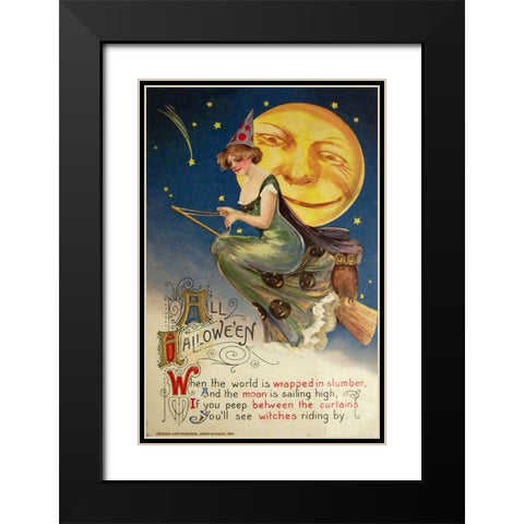 Halloween Witch Greendress Moon.tif Black Modern Wood Framed Art Print with Double Matting by Vintage Apple Collection