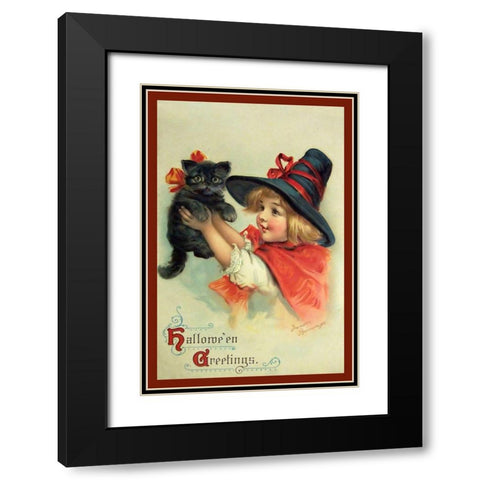 Little Witch And Halloween Kitty.tif Black Modern Wood Framed Art Print with Double Matting by Vintage Apple Collection