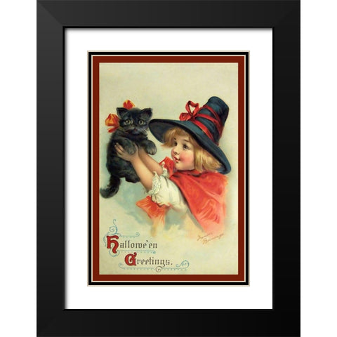Little Witch And Halloween Kitty.tif Black Modern Wood Framed Art Print with Double Matting by Vintage Apple Collection
