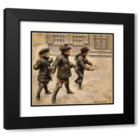 Boys Snowballs Black Modern Wood Framed Art Print with Double Matting by Vintage Apple Collection