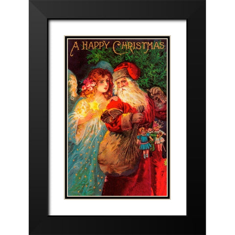 Happy Christmas Black Modern Wood Framed Art Print with Double Matting by Vintage Apple Collection