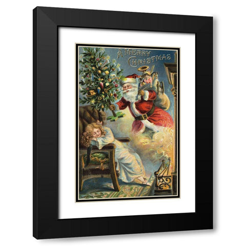 Merry Christmas Santa Black Modern Wood Framed Art Print with Double Matting by Vintage Apple Collection