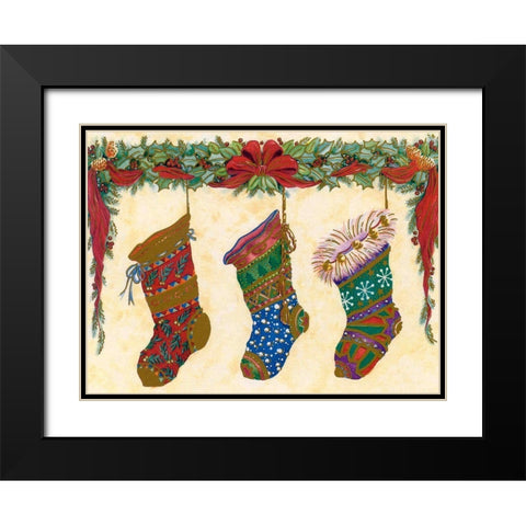 Xmas Stockings Black Modern Wood Framed Art Print with Double Matting by Vintage Apple Collection
