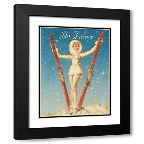 Ski France Glam Black Modern Wood Framed Art Print with Double Matting by Vintage Apple Collection