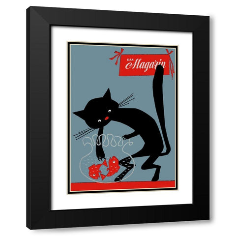 Black Cat And Fish Bowl Black Modern Wood Framed Art Print with Double Matting by Vintage Apple Collection