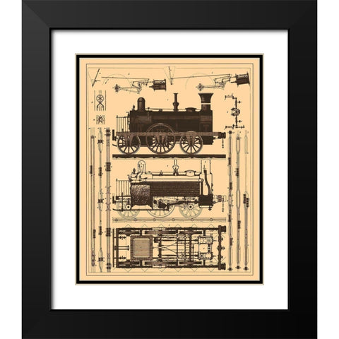 Locomotive Blueprint Black Modern Wood Framed Art Print with Double Matting by Vintage Apple Collection