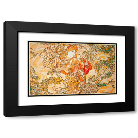 Mucha Woman With Daisy Archival Vers Black Modern Wood Framed Art Print with Double Matting by Vintage Apple Collection