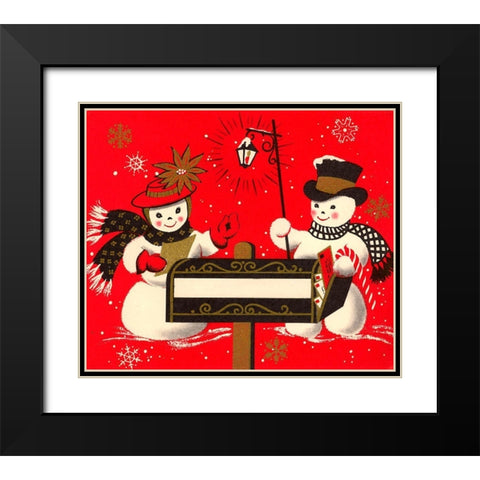 Vintage Christmas Snowmen Black Modern Wood Framed Art Print with Double Matting by Vintage Apple Collection