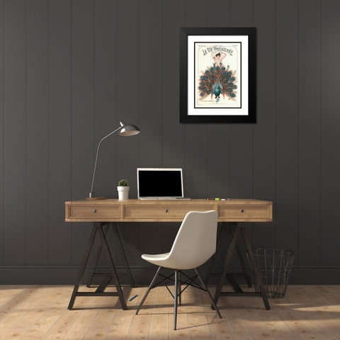 Vintage Art Deco Peacock Black Modern Wood Framed Art Print with Double Matting by Vintage Apple Collection