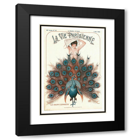 Vintage Art Deco Peacock Black Modern Wood Framed Art Print with Double Matting by Vintage Apple Collection