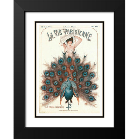 Vintage Art Deco Peacock Black Modern Wood Framed Art Print with Double Matting by Vintage Apple Collection