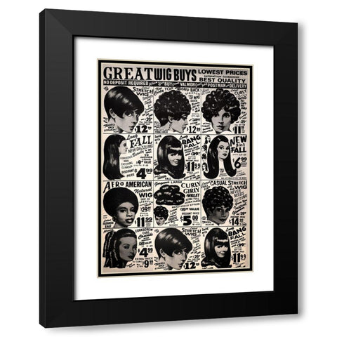 Vintage Wigs Black Modern Wood Framed Art Print with Double Matting by Vintage Apple Collection