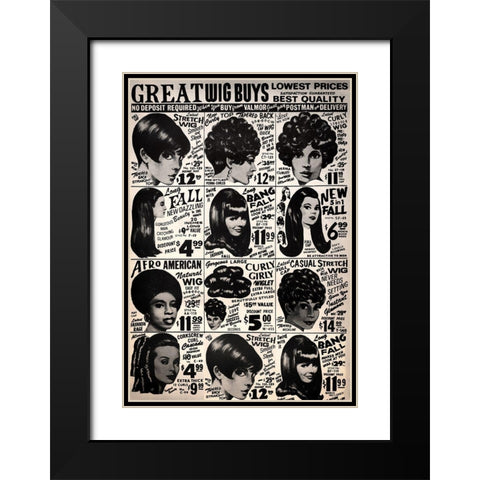 Vintage Wigs Black Modern Wood Framed Art Print with Double Matting by Vintage Apple Collection