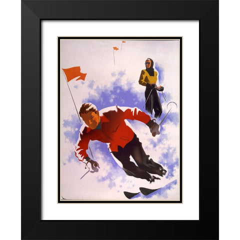 Downhill Skiing Black Modern Wood Framed Art Print with Double Matting by Vintage Apple Collection