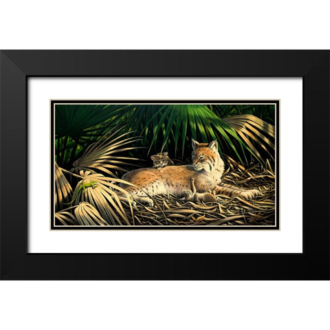 Sunny Spot Bobcat with Kittens Black Modern Wood Framed Art Print with Double Matting by Goebel, Wilhelm
