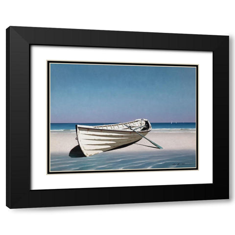 White Boat On Beach Black Modern Wood Framed Art Print with Double Matting by Lu, Zhen-Huan