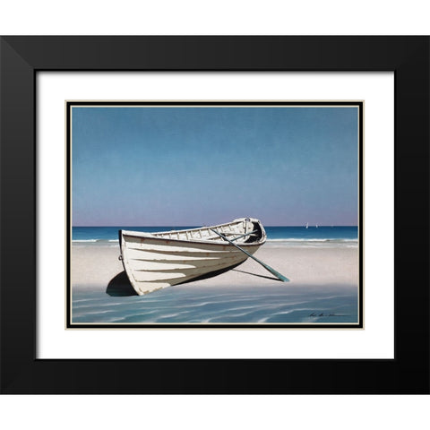 White Boat On Beach Black Modern Wood Framed Art Print with Double Matting by Lu, Zhen-Huan