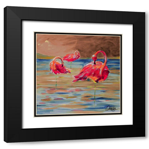 Trio Flamingos Black Modern Wood Framed Art Print with Double Matting by Ormsby, Anne