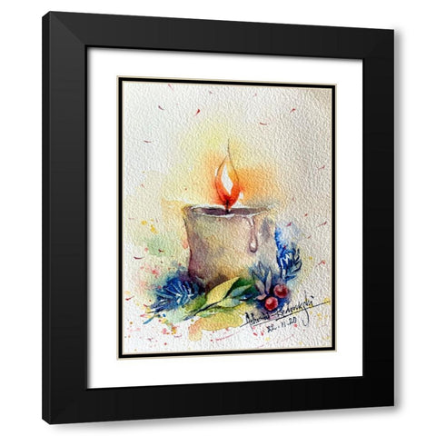 Candle With Cherries Black Modern Wood Framed Art Print with Double Matting by Rudraksi, Ashwini
