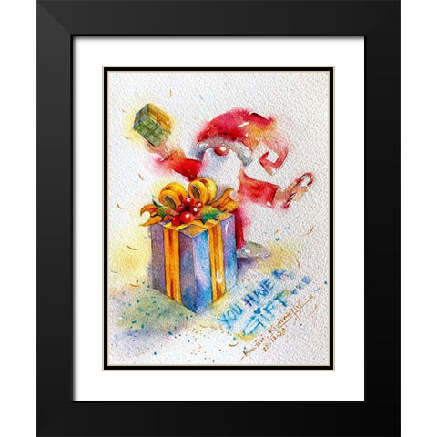 Santa With Gift Black Modern Wood Framed Art Print with Double Matting by Rudraksi, Ashwini