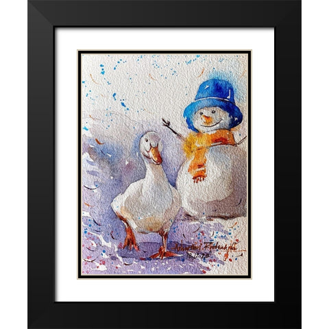 Goose And Snowman Black Modern Wood Framed Art Print with Double Matting by Rudraksi, Ashwini