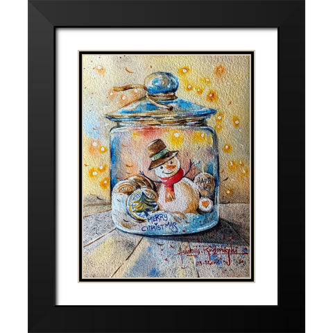 Snowman In Jar Black Modern Wood Framed Art Print with Double Matting by Rudraksi, Ashwini