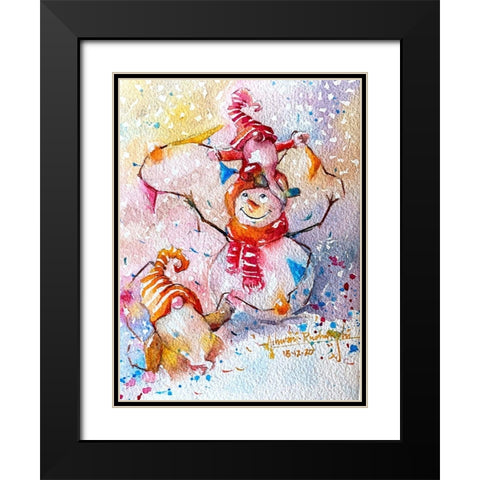 Snowman With Gnome Black Modern Wood Framed Art Print with Double Matting by Rudraksi, Ashwini
