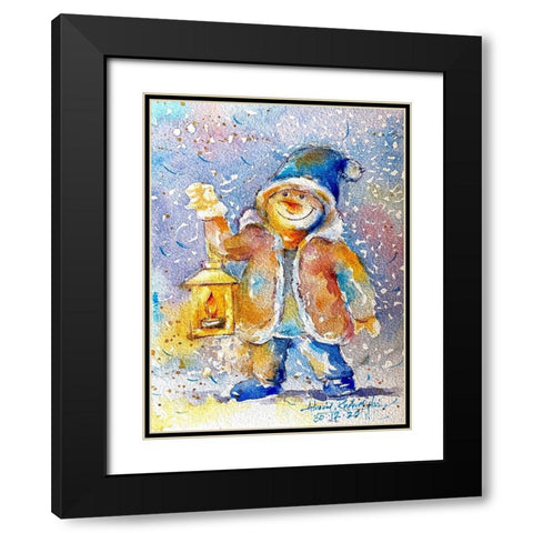Snowman With Lantern Black Modern Wood Framed Art Print with Double Matting by Rudraksi, Ashwini