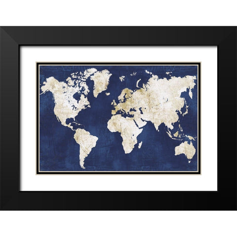 World Map NavyGold Black Modern Wood Framed Art Print with Double Matting by Vidal, Alicia