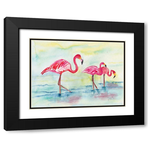 Sunset Flamingoes I Black Modern Wood Framed Art Print with Double Matting by Dyer, Beverly