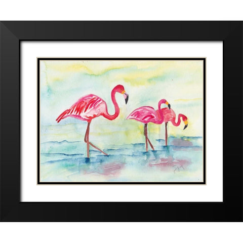 Sunset Flamingoes I Black Modern Wood Framed Art Print with Double Matting by Dyer, Beverly